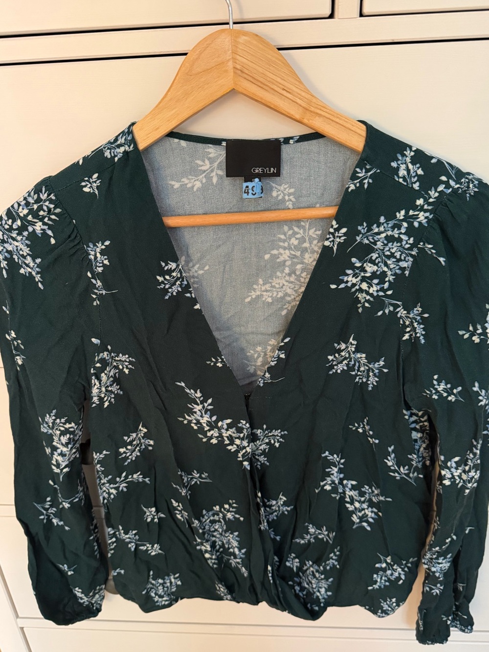 Greylin Forest Green Floral V-Neck Wrap Blouse
